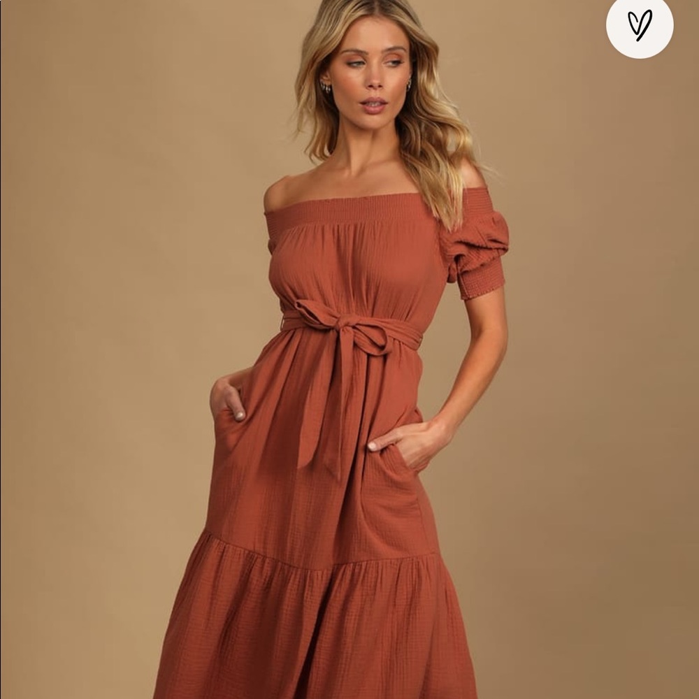 Lulu’s Rust Orange Off The Shoulder Maxi Dress